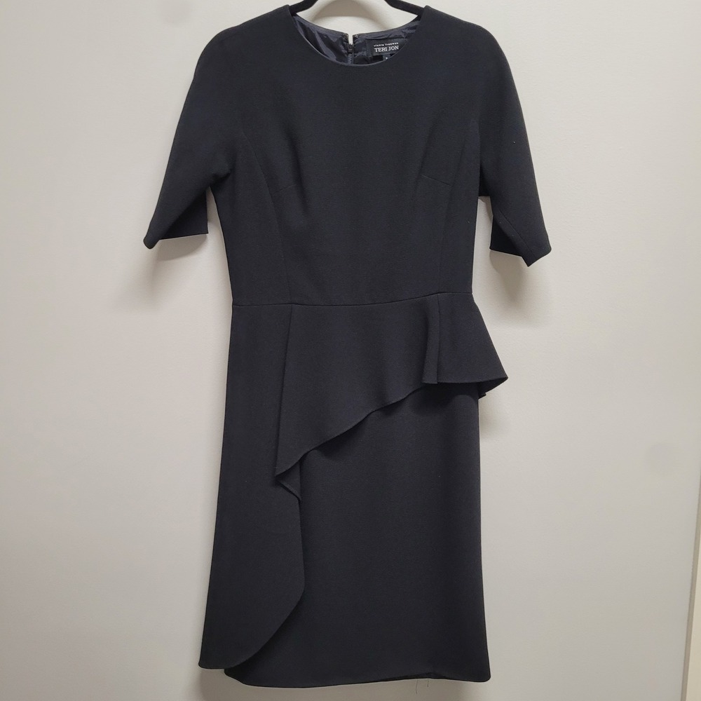 Rickie Freeman Teri Jon Black Asymmetrical Peplum Dress Size 8 Elbow Sleeve